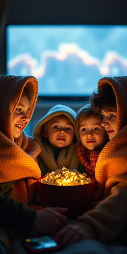 Warmly lit image of a family huddled together under blankets watching a movie, soft glow from the TV casting warm shadows on their faces, a bowl of popcorn in the center, and the feeling of comfort and connection.