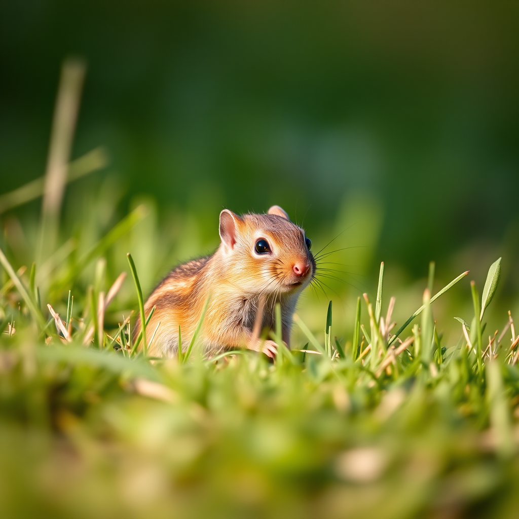 a close-up shot of a small brown rodent in a grassy environment, captured with a Canon EOS 5D Mark IV, 50mm lens, aperture f/2.8, ISO 200, natural light, shallow depth of field, focusing on the subject with a blurred background for enhanced image quality