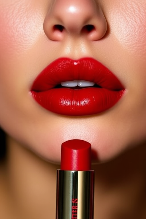 Sultry Scarlet Siren lip shade showcasing a bold red hue, satin finish, and smudge-resistant formula, perfect for making a statement and exuding confidence
