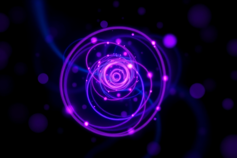 Create a high-resolution abstract fractal image featuring swirling orbs of purple and blue light on a black background using a DSLR camera with a 50mm lens, aperture f/1.8, ISO 100, and a long exposure setting.
