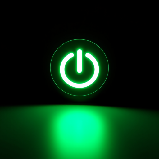 Create a high-resolution image of a glowing green power button symbol on a black background, using a Canon EOS R5 with a 50mm lens, aperture set to f/1.8, ISO 100, shutter speed 1/200s, in a studio lighting setup for enhanced clarity and contrast.