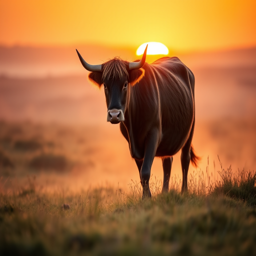 Highland cow walking through misty field during sunset, warm golden light illuminating the scene, ISO 100, f/2.8, 1/500 sec, 50mm lens, shallow depth of field, soft focus background, cinematic style, full-frame DSLR.