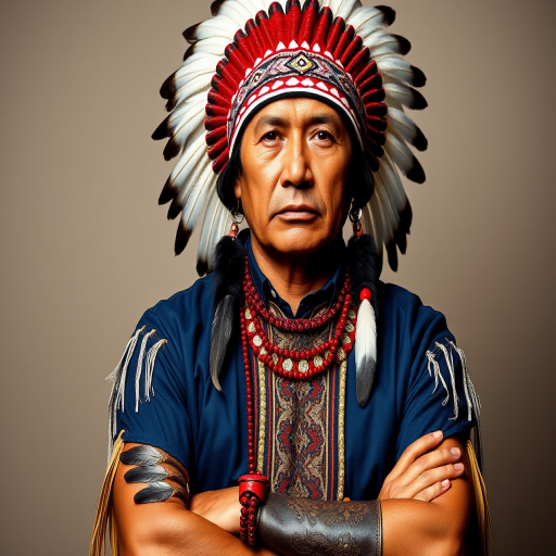 Create a dignified portrait of a Native American man dressed in traditional attire. He wears a beautifully crafted headdress adorned with white feathers and red beads, along with a beaded headband featuring intricate patterns. His clothing includes a deep blue, patterned shirt and a traditional chest piece with detailed beadwork. His arms are crossed, displaying leather armbands decorated with feathers. The background is simple and neutral, emphasizing his proud and stoic expression. The overall image captures the rich cultural heritage and strength of his persona.