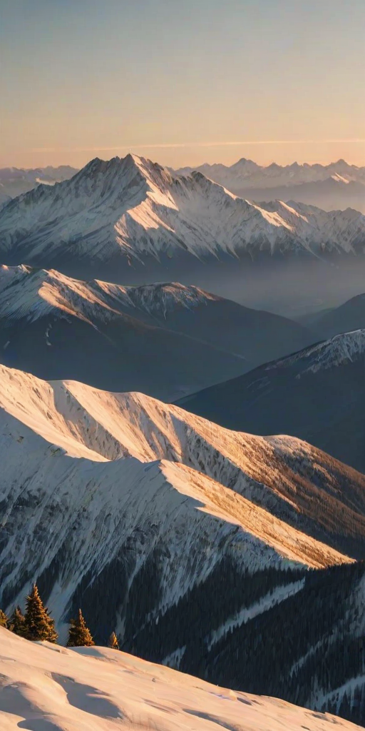 Soft-focus image of a mountain range covered in snow at sunrise, soft golden light illuminating the peaks, with distant clouds softly drifting across the sky.
