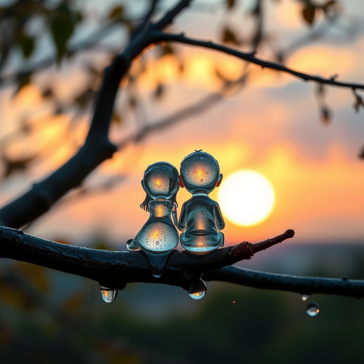 A high-quality conceptual HDR macro hyper-realistic photograph of a tree branch with a couple of transparent water drops in the shape of a female and a male chibi-style figure. The figures have a soft, wet, bubbly wet and bioluminescent texture. They are sitting on the branch and contemplating a beautiful sunset in the distance.