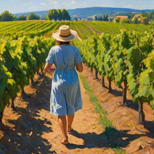 Sun-drenched vineyard, rows of grapevines stretching out under a bright blue sky, a woman walks slowly through the field, her hands gently brushing the ripe fruit.