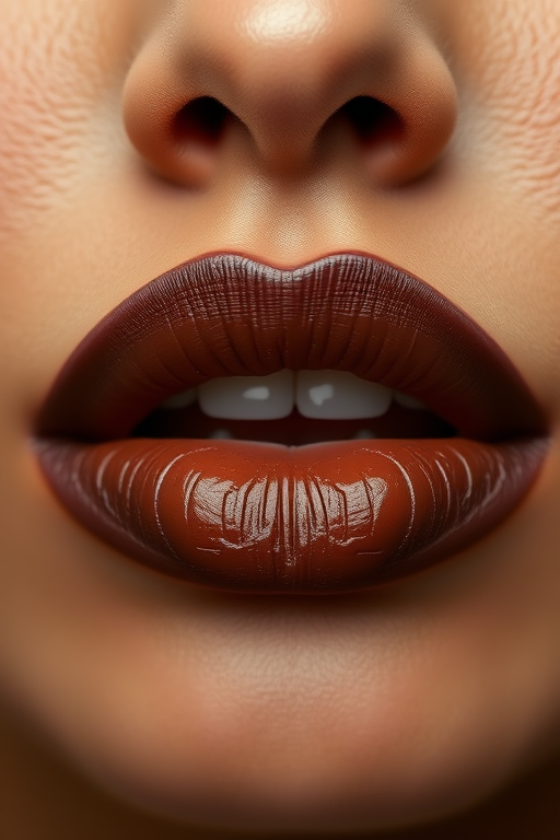 Chocolate brown lips with a satin finish, showcasing rich, earthy tones for a sophisticated and understated appearance