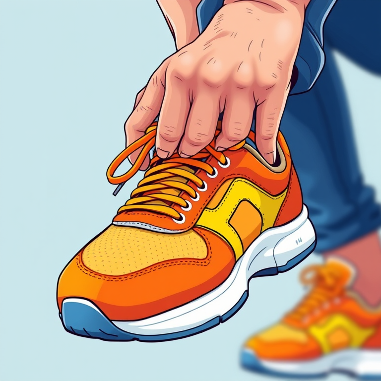 Create a vibrant illustration of a person tying their shoelaces on a bright orange and yellow sneaker, focus on the hand and shoe details, soft focus background, DSLR camera, f/2.8 aperture, 50mm lens, natural lighting, high resolution.