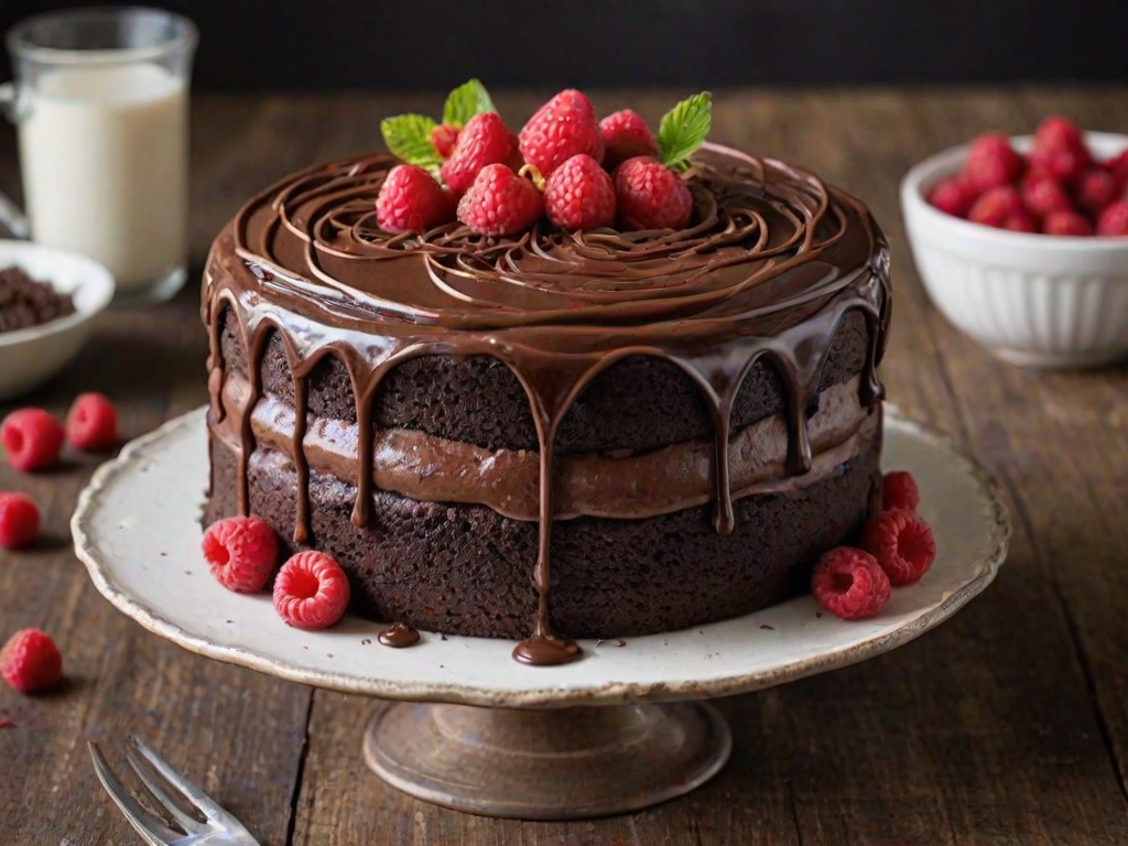 Create an image of a rich chocolate cake with a smooth chocolate frosting. The cake should have a glossy chocolate ganache dripping down the sides. Top the cake with swirls of chocolate frosting and fresh raspberries, along with chocolate sprinkles for decoration. The background should be simple and rustic to highlight the cake.