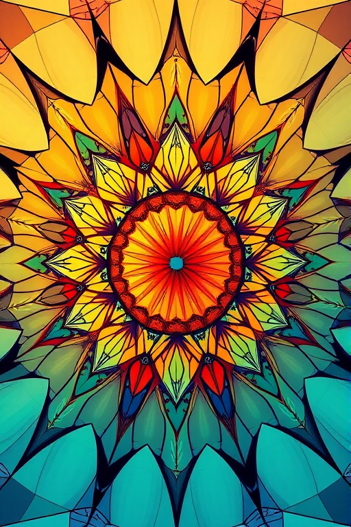 Create an intricate, detailed digital illustration of an abstract geometric design with a vibrant color palette, shot with a Canon EOS R5 at f/1.8, ISO 100, 1/250s, using a wide-angle lens to capture depth and perspective in a high-resolution format.