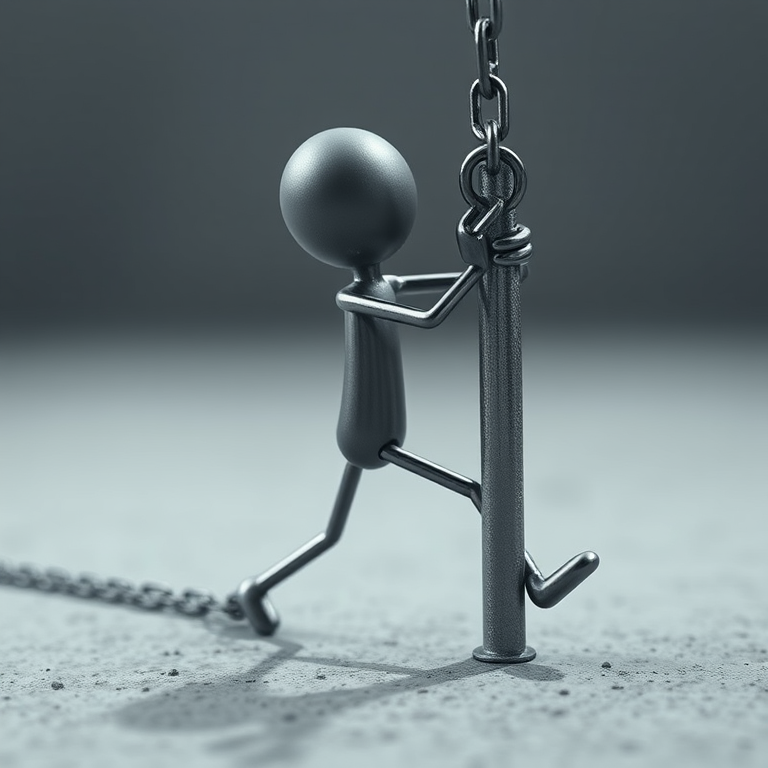 create a 3D rendering of a stick figure being pulled back by a chain attached to a pole, use a wide-angle lens at f/8 for depth of field, capture with a Canon EOS R5, set ISO to 100, and focus on the figure to enhance clarity and detail