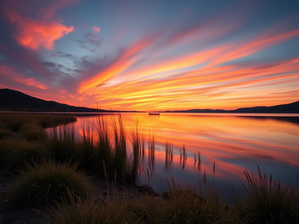 Generate a high-resolution image of a serene landscape at sunset with vibrant colors reflecting in a calm lake, using a Canon EOS R5 with a 24mm f/1.4 lens, aperture set to f/8, shutter speed at 1/125s, ISO 100, shot from a low angle to capture foreground details, with a soft-focus background effect for depth.