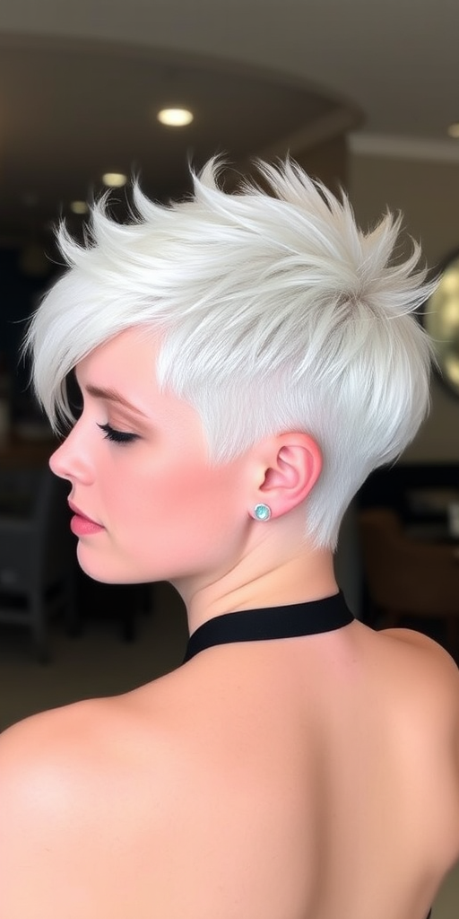 Striking platinum pixie cut with "Arctic Frost" design showcases razor-sharp edges and a swept-back crown, exuding confidence and modern sophistication