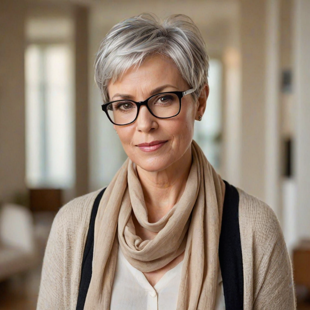 Portrait of a mature woman with short silver hair, styled in an asymmetrical pixie cut with side bangs. She wears black-framed glasses and a beige blouse with a white cardigan over it, as well as a bulky scarf in neutral tones. The woman is indoors with soft lighting and a blur in the background. Her expression is serene and confident, highlighting her elegance and modern style.