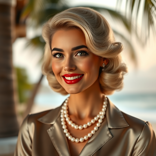 A beautiful Hawaiian woman reminiscent of 1950s Hollywood glamour, with perfectly styled blonde hair and a seductive smile, dressed in a satin blouse and adorned with pearls, soft and warm tones, photorealistic, 8K