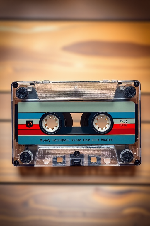 Create a high-resolution illustration of a vintage cassette tape viewed from the top, with clear details and vibrant colors, using a DSLR camera at f/2.8 aperture, 50mm lens, ISO 100, and a shallow depth of field for a soft background.