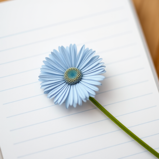 A close-up shot of a light blue daisy positioned in the top left corner of a blank lined notebook page, using a DSLR camera with a 50mm f/1.8 lens, aperture set to f/2.8, ISO 100, and a shallow depth of field to create a soft background blur.