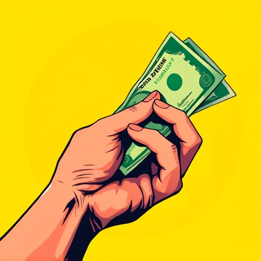 Create a vibrant illustration of a hand holding a dollar bill, set against a bright yellow circular background, with a focus on high contrast and bold colors, in a vector style, using a digital tablet for drawing, ensuring a resolution of 300 DPI and a clean, crisp look.