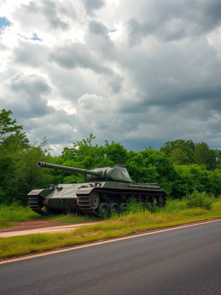 Capture an abandoned tank on the roadside surrounded by lush greenery under a dramatic cloudy sky, with a wide-angle lens (24mm), aperture set to f/8 for depth of field, ISO 100 for crystal clarity, using a DSLR camera to enhance image quality.
