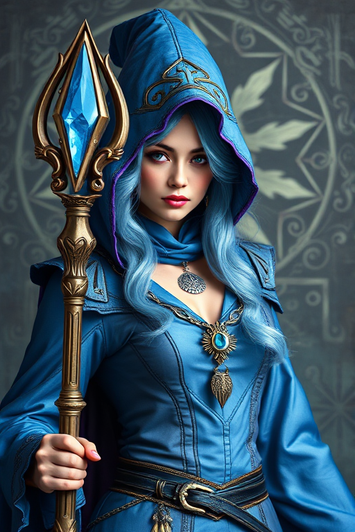portrait of a fantasy mage woman holding a staff with a blue crystal, wearing a stylish blue and gray outfit, intricate background with magical symbols, soft lighting and vibrant colors, shot with a Canon EOS R5, 50mm lens, f/1.8 aperture, ISO 100, natural light, high detail, fantasy art style
