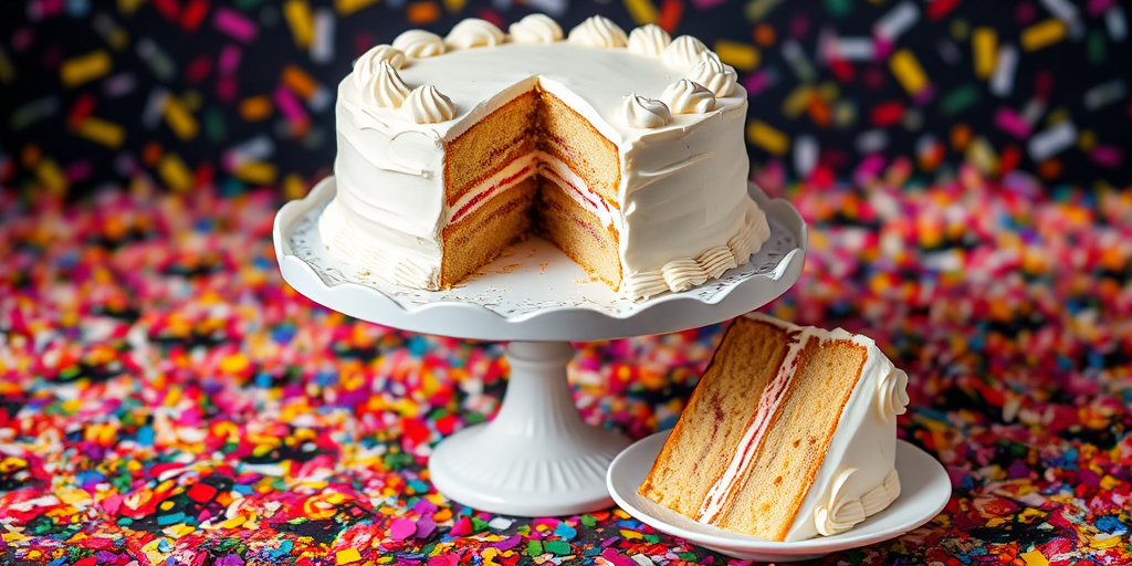 A beautifully frosted white cake on a decorative cake stand with a slice cut out revealing its soft interior and a piece of cake on a plate beside it surrounded by a colorful confetti-like background.