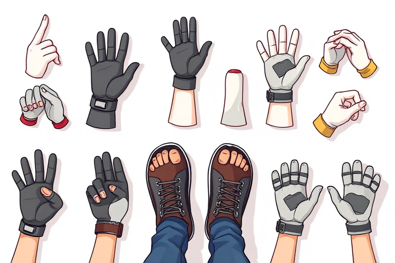 Create a high-resolution digital illustration of a variety of hand gestures and feet, featuring cartoon-style gloves and shoes, captured with a DSLR camera at 50mm focal length, f/1.8 aperture, natural lighting, and a top-down view.