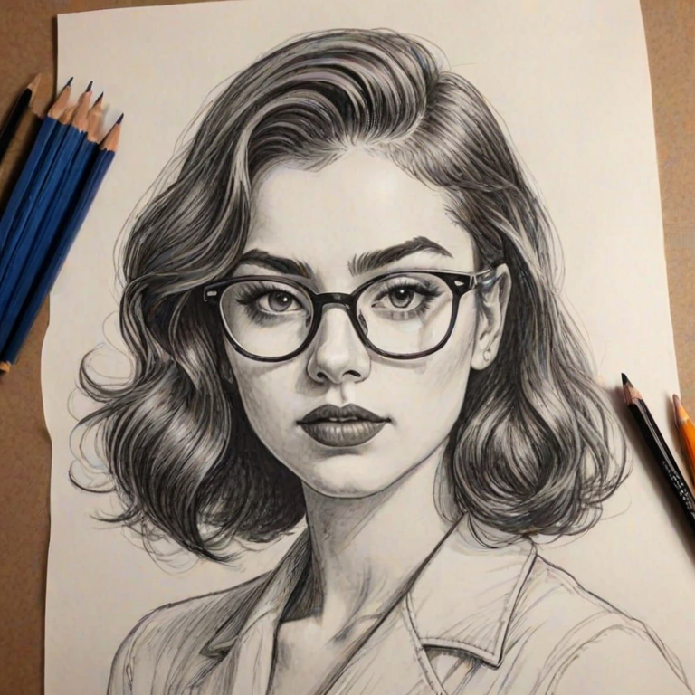 Superb Charlie XCX, pencil sketch, portrait of Alluring woman 1932s in glasses, hair style beatnik, outline, clear lines, fine lines, 8k
