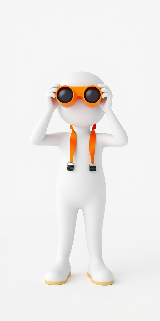 create a 3D render of a white cartoon figure holding orange binoculars, standing against a plain white background, using a DSLR camera with a 50mm lens, f/2.8 aperture, ISO 100, 1/200 sec exposure, centered composition, soft lighting