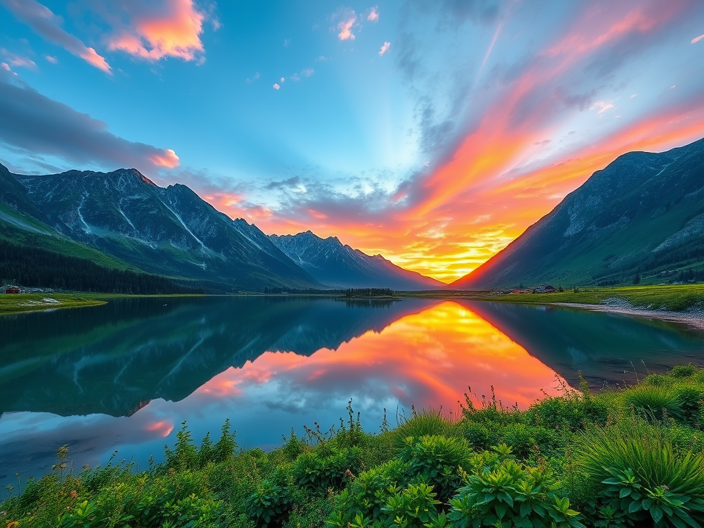 Create a high-resolution image of a peaceful mountain landscape during sunrise, with vibrant colors in the sky, clear reflections in a lake, and lush greenery in the foreground, captured with a DSLR camera at f/11, shutter speed 1/125s, ISO 100, wide-angle view.