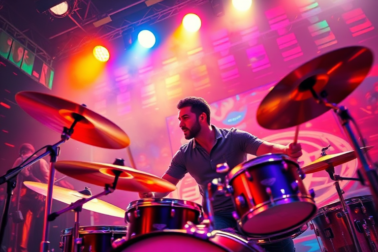 drummer in a surreal scene, vibrant colors, dynamic motion, high detail, 50mm lens, f/1.8 aperture, ISO 100, natural lighting, shot from eye level, digital painting style, high resolution