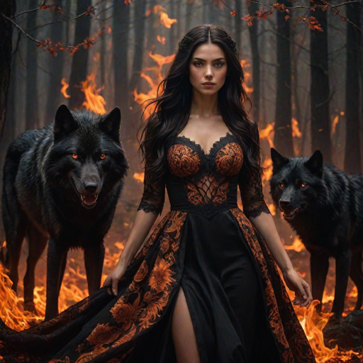 A woman with long dark hair, wearing a black lace dress that seamlessly blends into her skin with intricate floral patterns. She is in the foreground, with a black wolf beside her; its fur is midnight black, and it has glowing, intense, orange eyes that match hers. Her eyes are partially closed with burning embers above them, giving a fiery and mystical aura. The background is engulfed in tall, roaring flames, contributing to an overall dark and supernatural atmosphere. The colors are intense, predominantly black, fiery orange, and deep reds, with sharp contrast highlighting the mysterious and fierce theme. The flames are bright and dynamic, casting dramatic light and shadow, illuminating the woman and wolf while leaving parts in near darkness. The image evokes a sense of otherworldly power and connection between the woman and the wolf.
