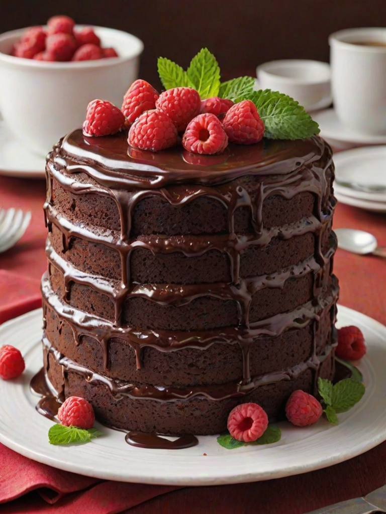 Generate an image of a rich chocolate cake with multiple layers. The cake should have a glossy chocolate ganache on top and be filled with a vibrant raspberry filling. Decorate the top with fresh raspberries and a sprig of mint for a pop of color. The cake should be presented on a simple white plate with a soft, muted background.
