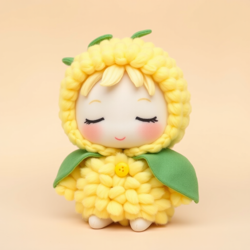 A cute doll resembling a *cereal*, dressed in a fluffy yellow coat that mimics the texture of corn kernels. The doll has soft, closed eyes and light blonde hair, adorned with green leaves and a yellow button at the collar. The background is a soft beige to complement the colors of the doll, and the overall style is whimsical and pastel, emphasizing a cozy, huggable appearance.