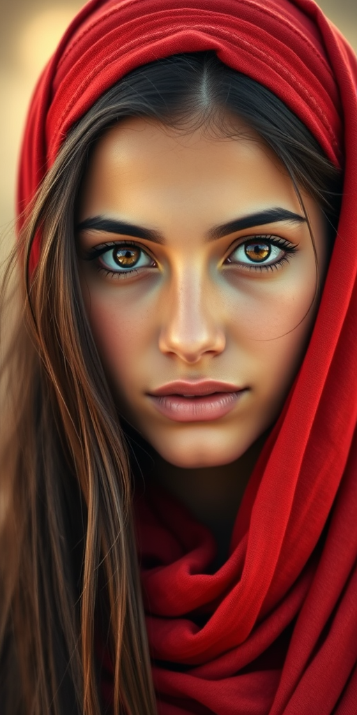 Create a portrait of a young Berber woman with long, dark hair and captivating hazel eyes. She is wearing a red headscarf and a matching scarf draped gracefully around her neck. The background is softly blurred, focusing attention on her serene and natural expression. The overall color palette is muted and warm, enhancing the intimate and authentic feel of the portrait.