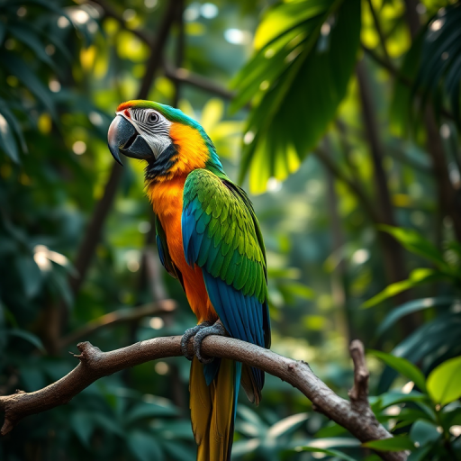 A vibrant macaw perched on a branch in a lush tropical rainforest, surrounded by green foliage and soft sunlight filtering through the trees, captured with a Canon EOS R5, 50mm lens, f/1.8, ISO 100, in a high dynamic range style for enhanced colors and details.