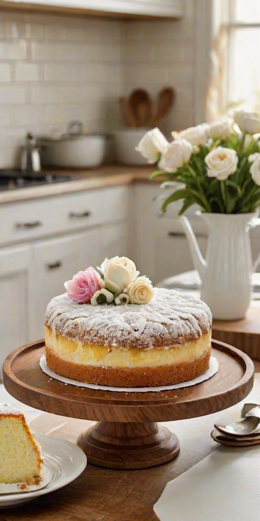 Create an image of a fluffy cream-filled cake on a wooden serving stand. The cake has a light golden-brown crust and is dusted with powdered sugar. A slice has been removed, revealing a smooth, rich filling inside. The background features a simple, elegant kitchen setting with a subtle white tile design. Include a delicate flower arrangement in the scene for added charm.