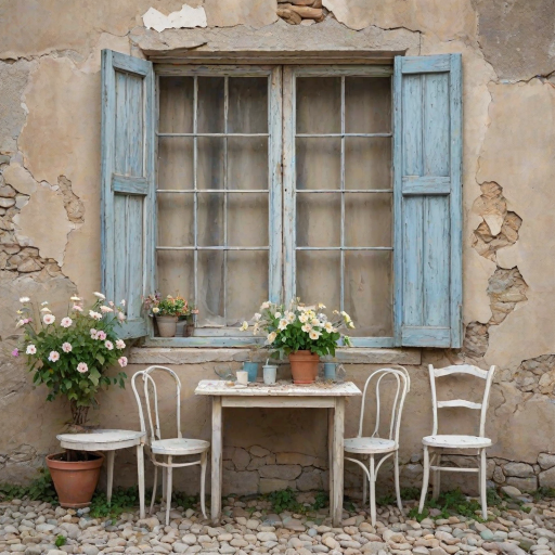 Create an amazing realistic watercolor image, The background is a crumbling wall beige and pale blue with the old wooden window. front of the wall has an old white table with two chairs. The soil is stones. Both of side of the image amazing flowers visible.