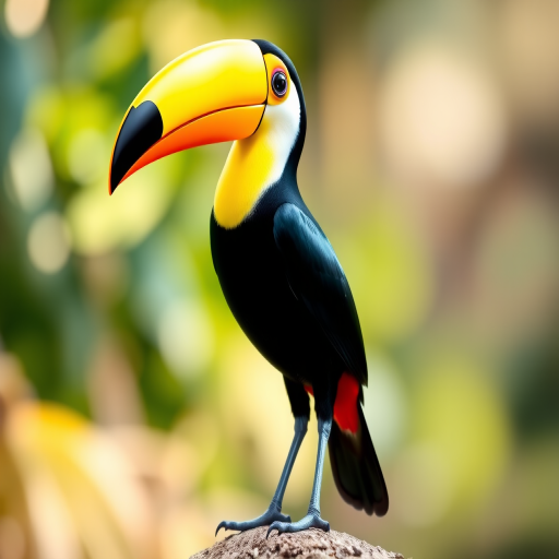 A vibrant cartoon-style toucan standing upright with a glossy black body and bright yellow beak, captured in soft natural light, 50mm lens, aperture f/2.8, ISO 100, shallow depth of field, high-resolution digital camera.