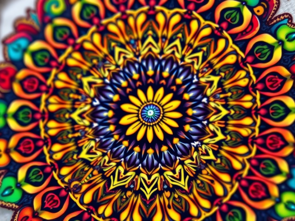 Generate an image of a detailed and intricate mandala design with vibrant colors and symmetrical patterns, captured with a DSLR camera at f/8 aperture, 1/125 shutter speed, 50mm lens, in natural light from a slightly elevated angle, with a focus on enhancing color saturation and sharpness.