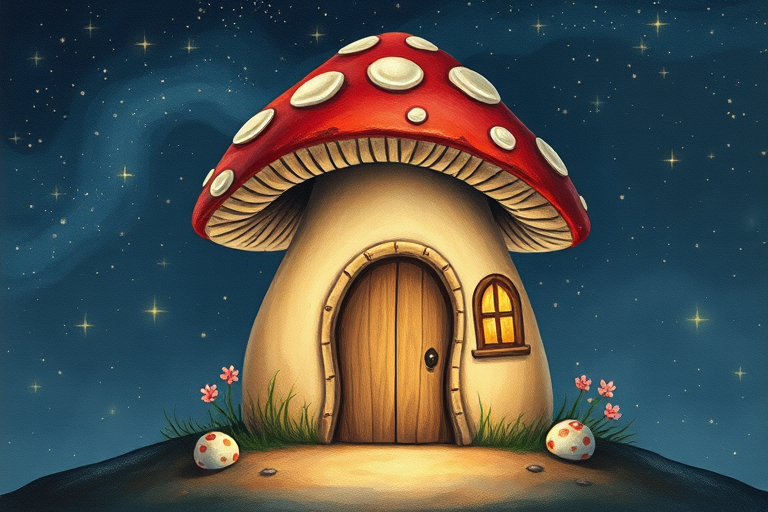 this photo is illustration of a mushroom house with a door and a window, a storybook , fantasy art, mushroom house, bg starry sky, sparkles