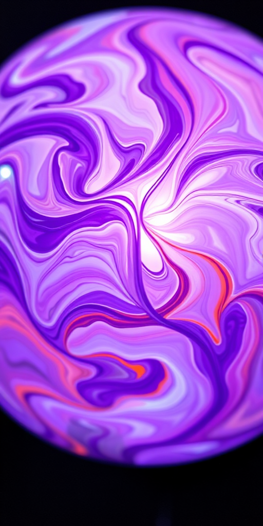 Create a high-resolution abstract image of a glowing orb with intricate swirling patterns in purple, white, and orange, using a Canon EOS R5 with a 50mm lens at f/1.8, ISO 100, and a shallow depth of field, shot from a slightly elevated angle to emphasize the texture and colors.