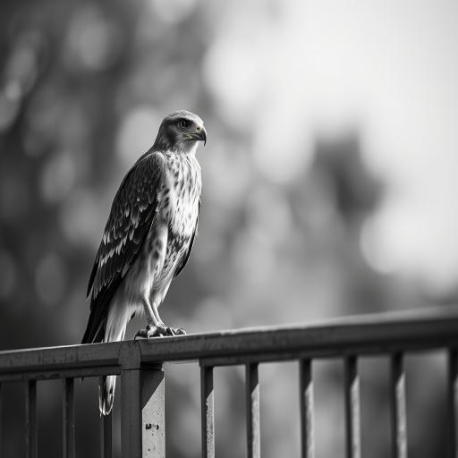Capture a high-resolution black and white image of a hawk perched on a metal railing, using a Canon EOS R5, 85mm f/1.4 lens, ISO 200, shutter speed 1/500s, aperture f/2.8, in natural light with a shallow depth of field to enhance detail and contrast.