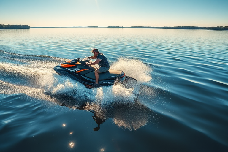 jet ski rider on a lake splashing water captured with a Canon EOS R5 at f/4, 1/1000s, ISO 200, telephoto lens, shot at eye level for dynamic action and clarity
