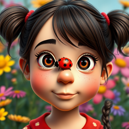 whimsical comical cartoon art Quentin Blake style, closeup portrait view of a cute girl with two ponytails in her hair, an adorable ladybug sits on her nose, funny children’s book illustration with bright colors and flowers in the background