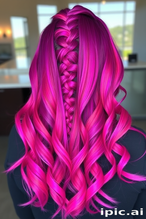 Vibrant magenta ombre hair cascading in loose waves, styled by Miranda Frost, featuring rich purple roots fading to electric pink tips, shimmering with holographic highlights and intricate braided accents woven throughout
