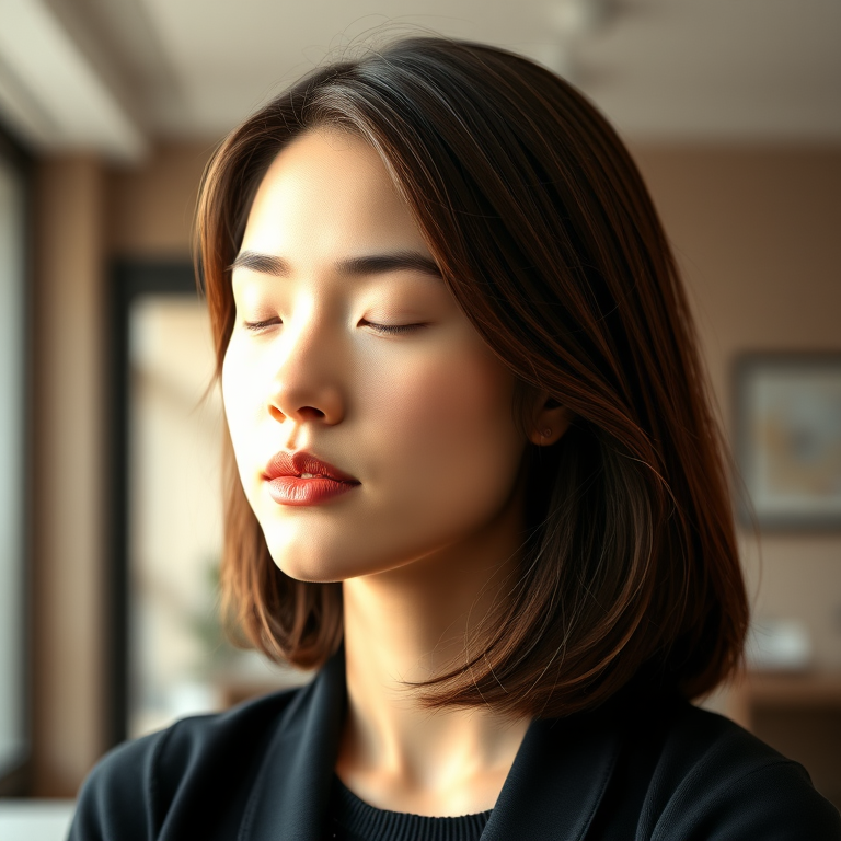 Generate a high-resolution vector image of a faceless woman with shoulder-length brown hair, soft lighting, 50mm lens, f/1.8 aperture, and an indoor setting with a neutral background.
