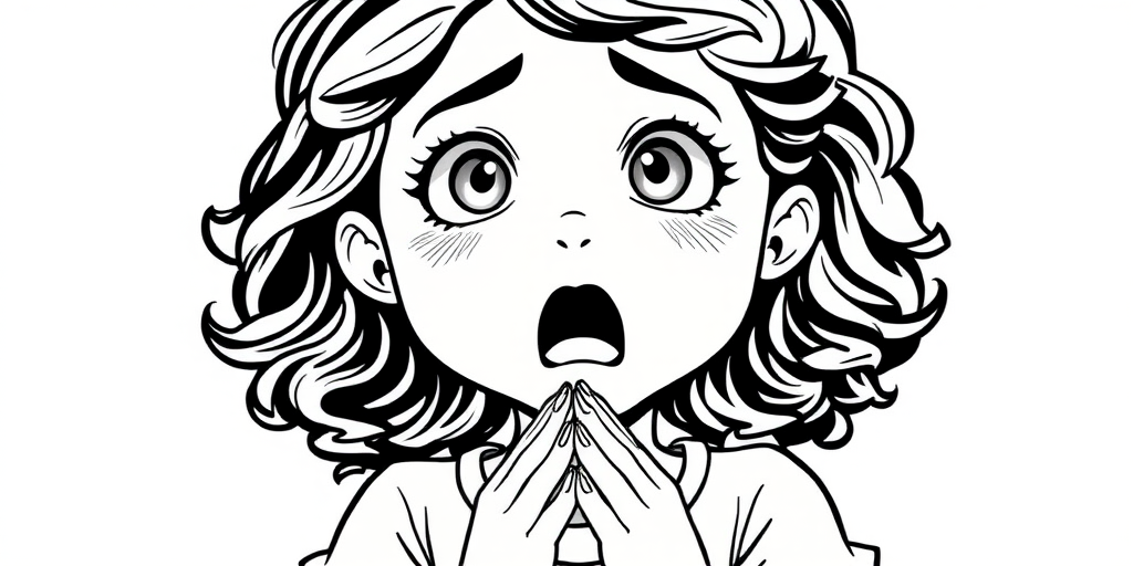 The image is a black and white illustration of a young girl with curly hair. She has a surprised expression on her face with her mouth open and her hands clasped together in front of her chest. Her eyes are wide and her eyebrows are furrowed. Her hair is styled in loose curls that are cascading down her back. The overall mood of the image is one of shock or surprise.