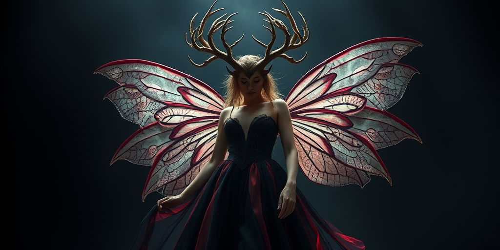 Create an ethereal fairy queen with intricate antler-like horns and delicate wings, adorned in a flowing dark and crimson gown, captured from a low angle with a 50mm lens at f/1.8, using a soft focus style to enhance the mystical atmosphere in a studio setting with dramatic lighting.