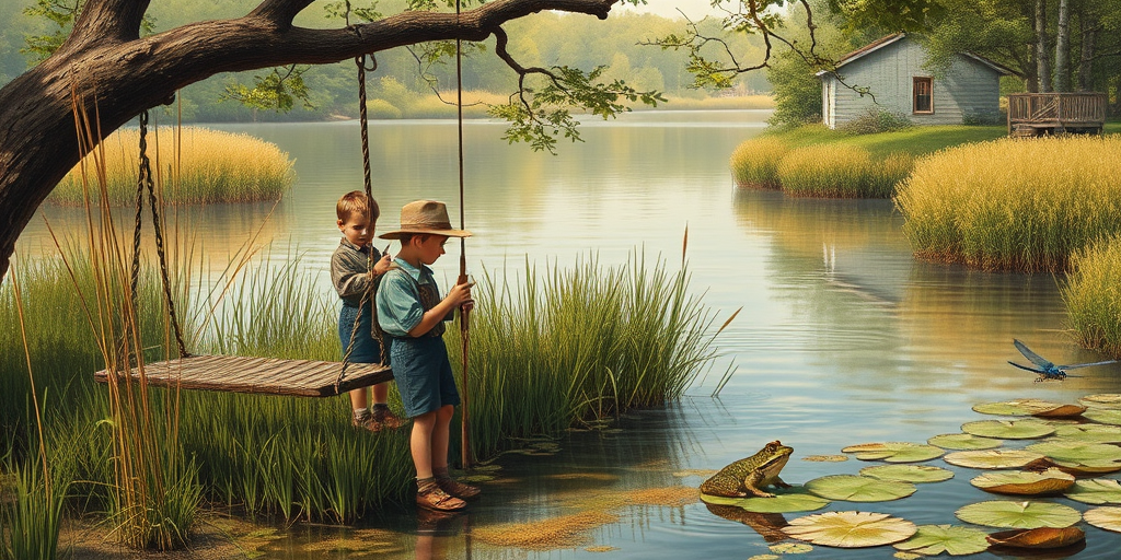 Imagine a small group of old fashioned young boys out fishing by the creek, a swing hanging from a tree branch, reeds and grasses by the water's edge, a frog sitting on a lily pad, dragonflies hovering over som water plans, a very iconic old fashioned scene reminiscent of a Norman Rockwell painting style