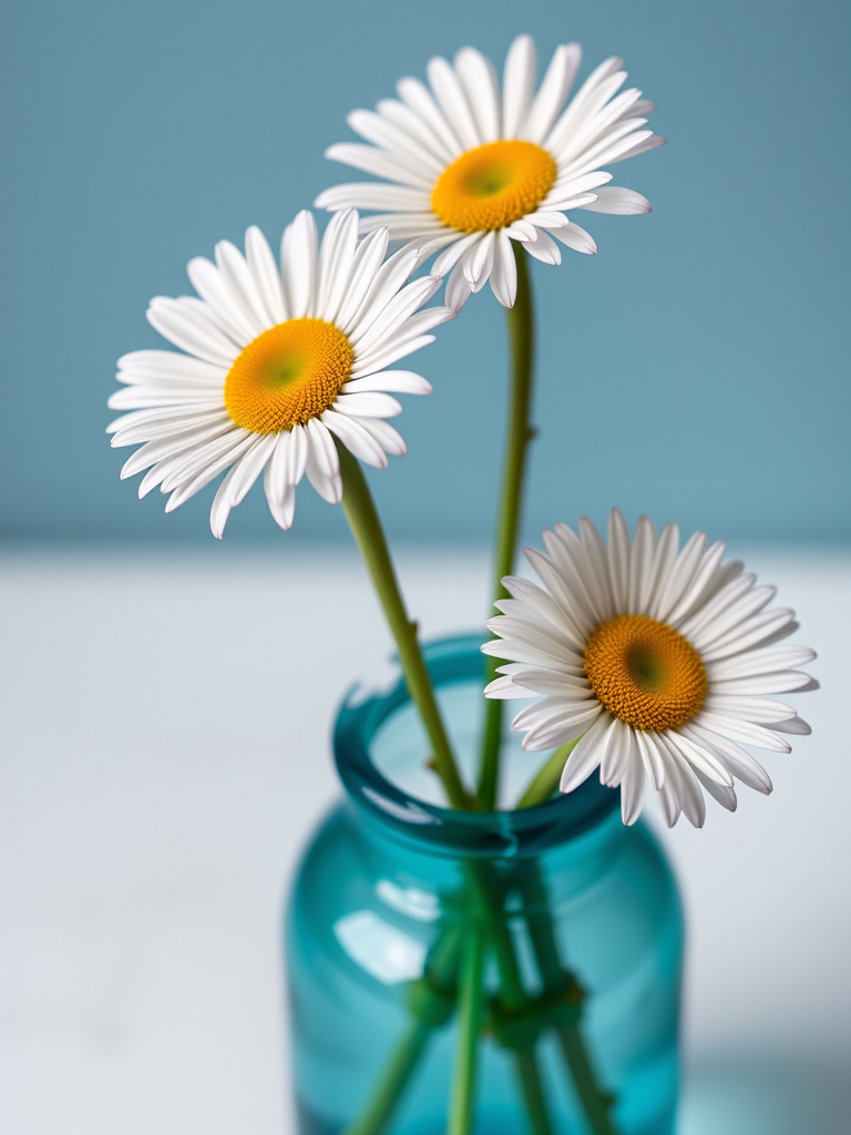 Create a high-resolution image of three daisies in a clear blue vase with sharp detail, using a Canon EOS R5 camera, f/2.8 aperture, ISO 100, 50mm lens, and a shallow depth of field.